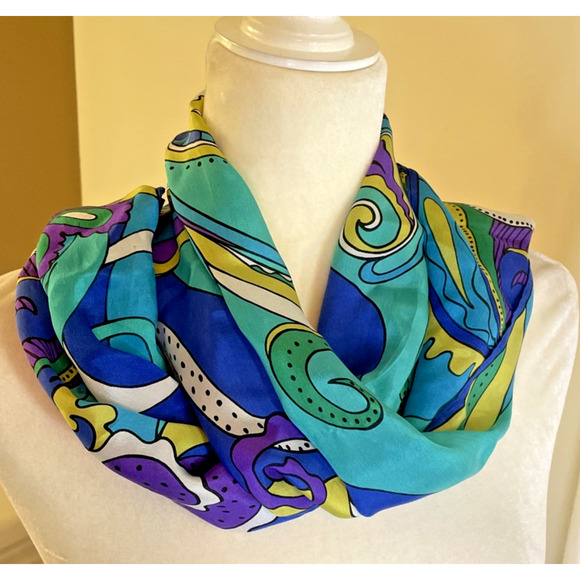 Oscar De La Renta 100% Silk Scarf Vtg Vivid Bright Pattern Blue Purple Green - Picture 4 of 12